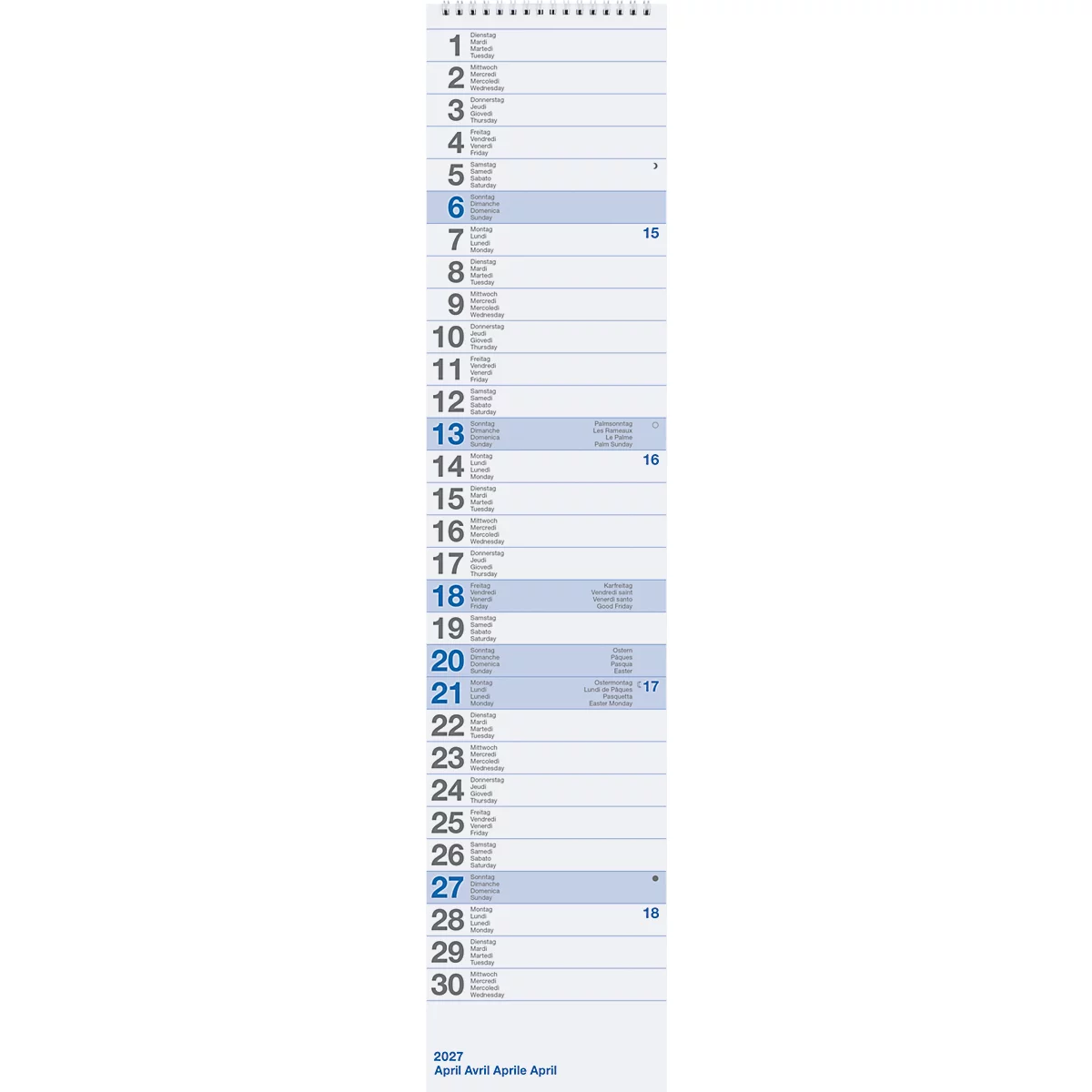 Monatskalender für April. Blaue Akzente, Zahlen von 1-30 in Spalte. Text kaum lesbar.