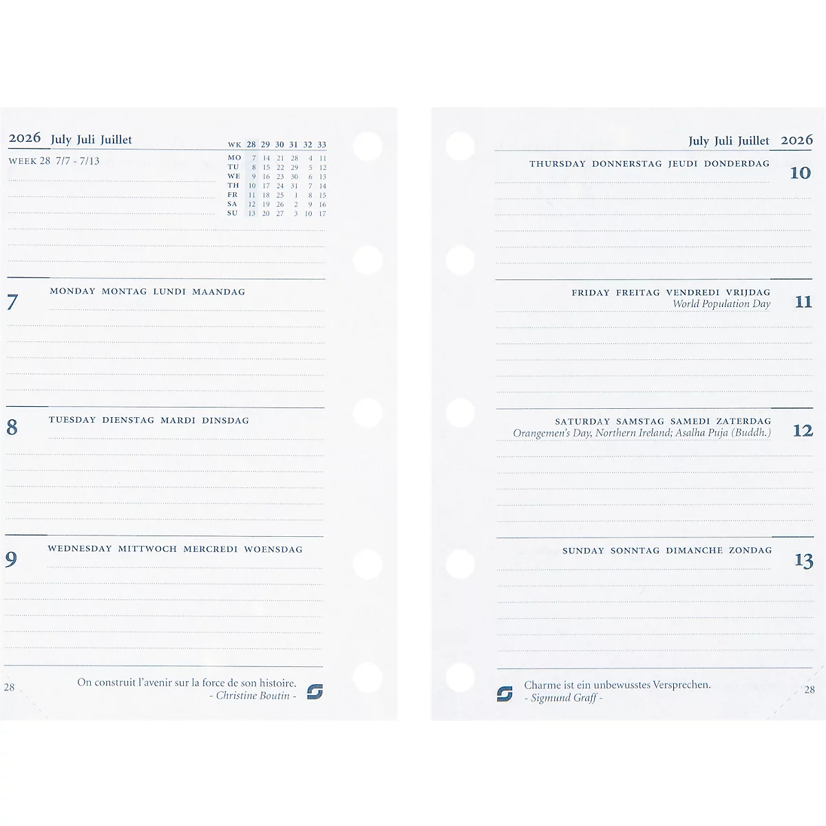 Calendrier avec aperçu hebdomadaire, juillet 2026. Dates du lundi 7 au dimanche 13.