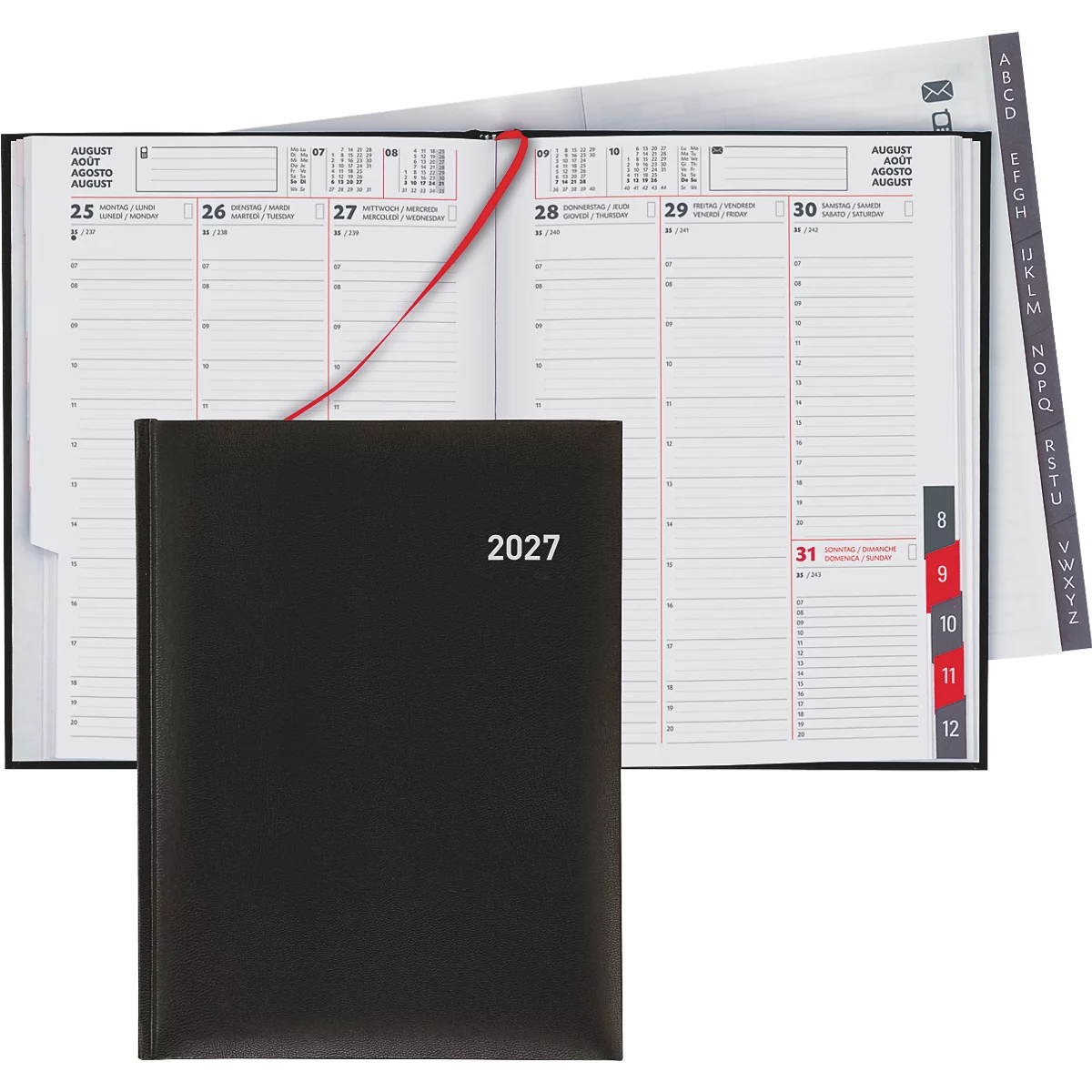 Ein schwarzes Notizbuch mit der Aufschrift 2027 liegt vor einem offenen Wochenplaner. Ein rotes Leseband markiert eine Seite.