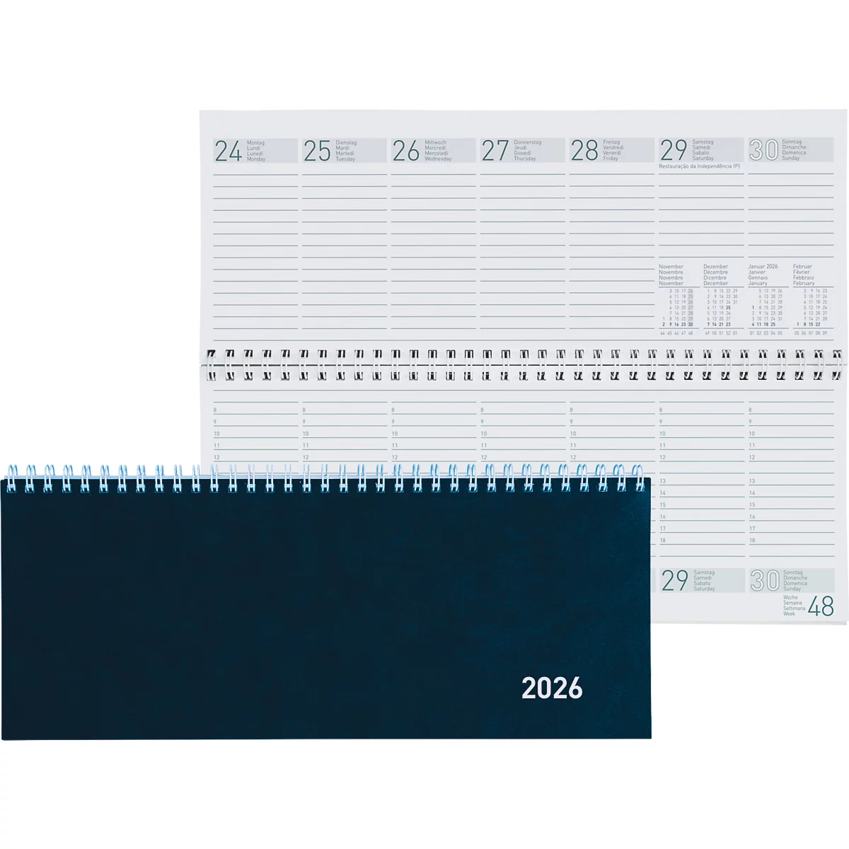 Calendrier de bureau bleu, ouvert, avec l'année 2026. Des aperçus hebdomadaires sont visibles sur les pages.