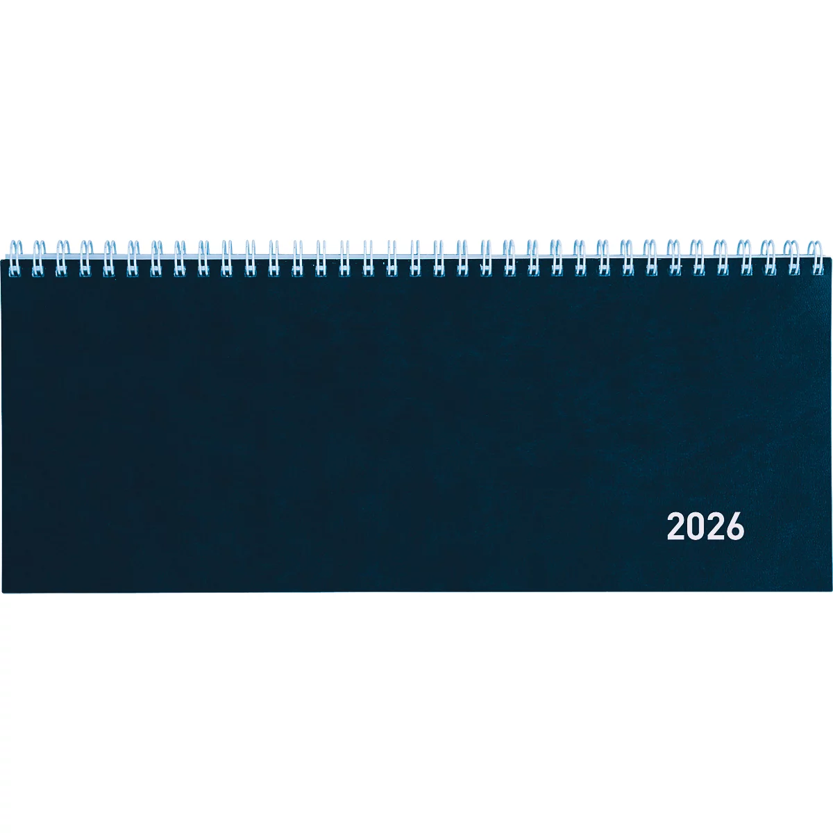 Calendrier de bureau bleu foncé avec spirale et l'année 2026.