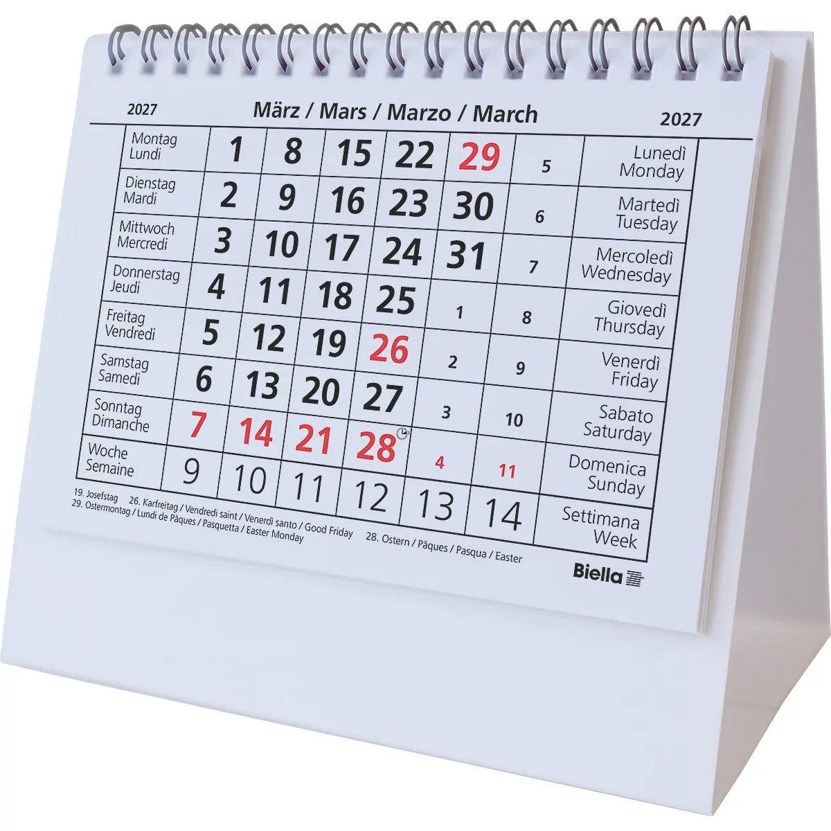 Weisser Tischkalender, März 2027 ist geöffnet, Zahlen in Schwarz, Feiertage rot.