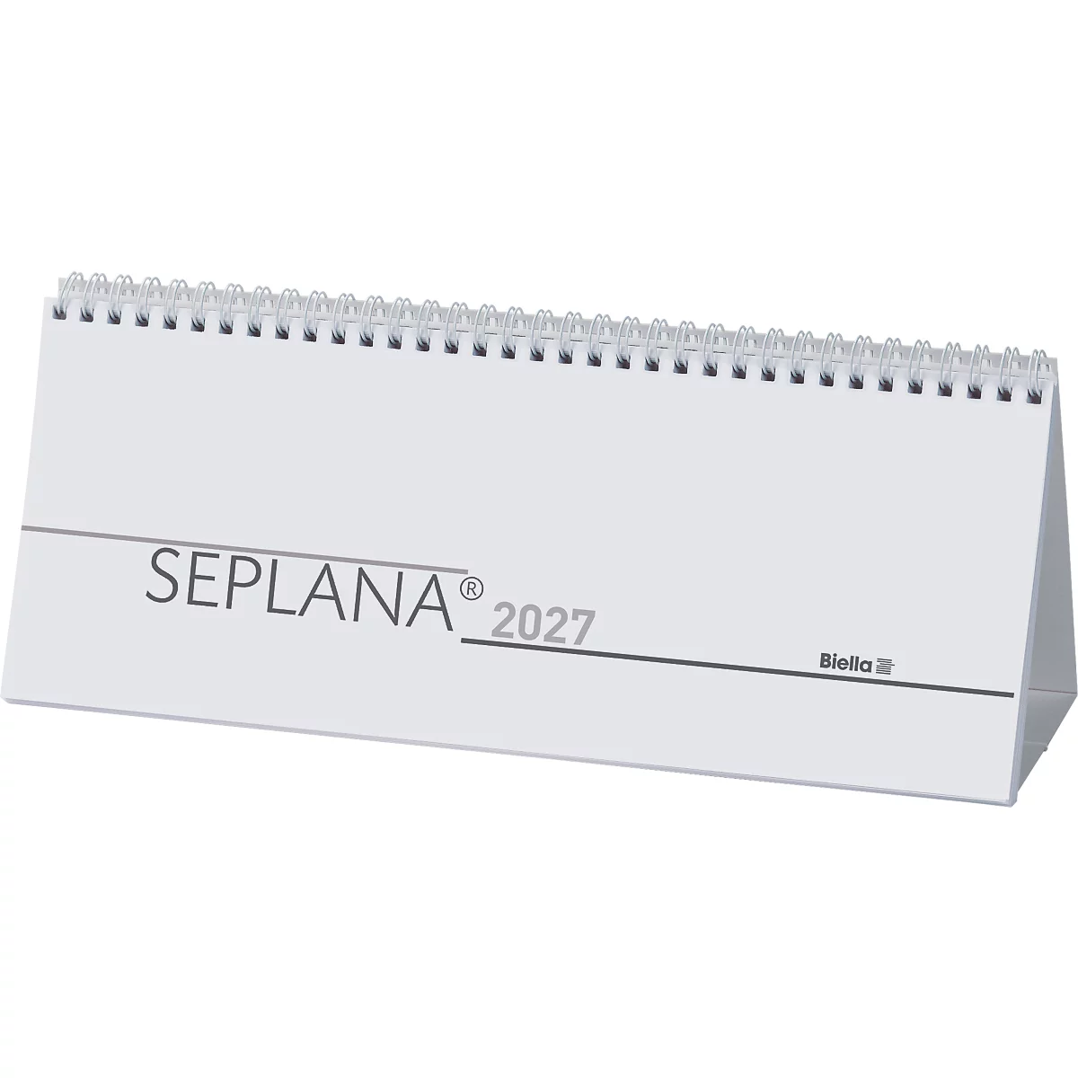Weisser Tischkalender mit "SEPLANA 2027" und Spirale.