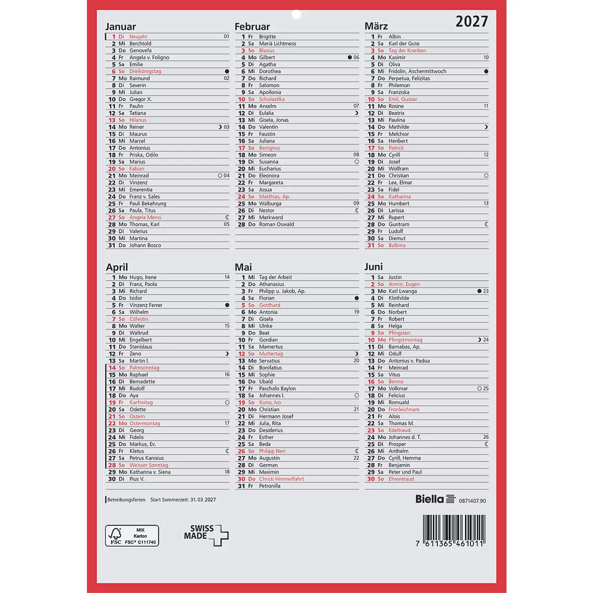 Kalender für 2027 mit den Monaten Januar bis Juni. Roter Rahmen. Schweizer Herstellung.
