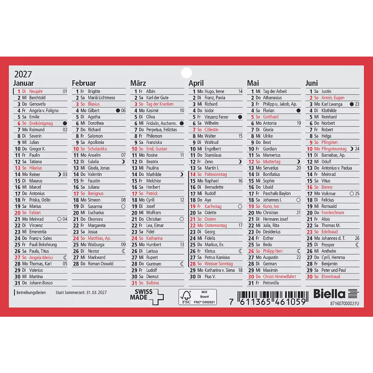 Kalender für 2027 mit Monatsübersicht und Feiertagsanzeige, roter Rahmen, schwarze Schrift.
