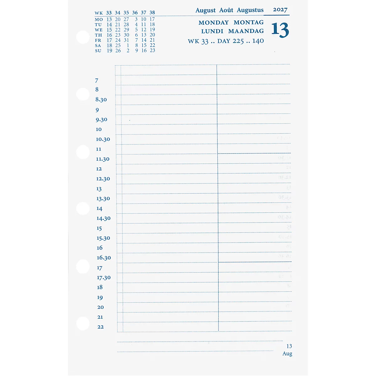 Kalenderblatt mit blauem Linienraster für Terminplanung. Datum: 13. August 2027.