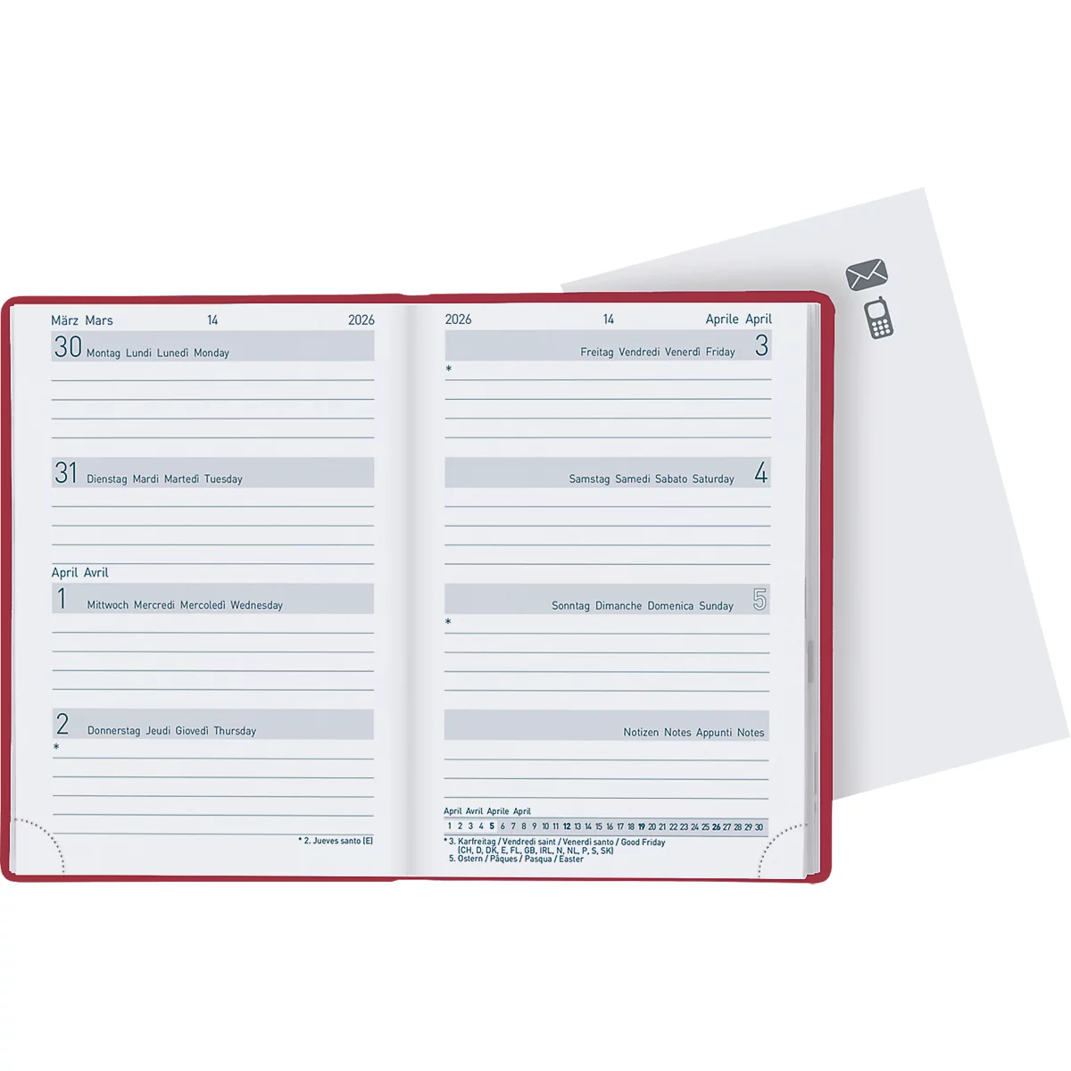 Offener roter Terminkalender mit Kalenderwochen und Notizseiten. Rechts ein weisses Blatt mit Symbolen.