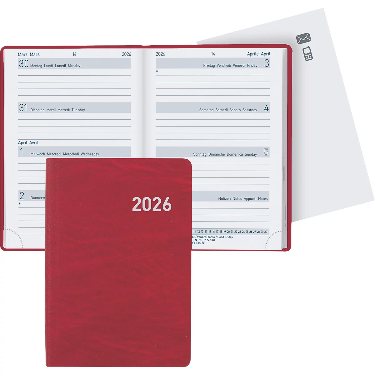 Rotes Notizbuch mit der Jahreszahl 2026. Geöffnetes Buch mit Kalendereinträgen und losem Blatt mit Symbolen.