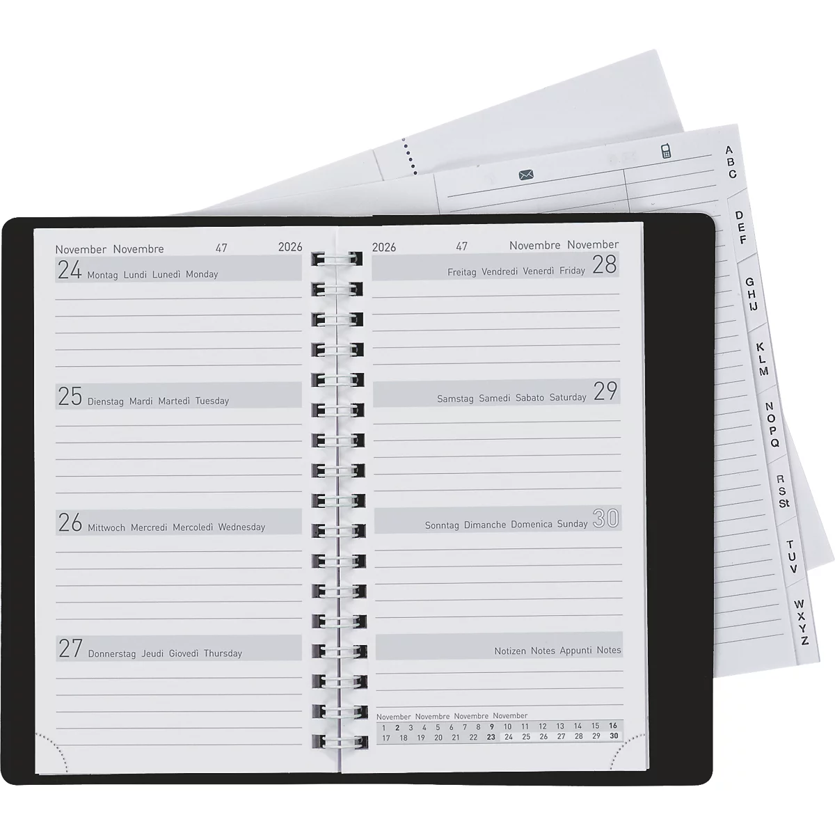 Geöffneter Wochenplaner mit Spiralbindung, der einen Blick auf die Kalenderwoche mit den Daten 24-29. November 2026 zeigt.