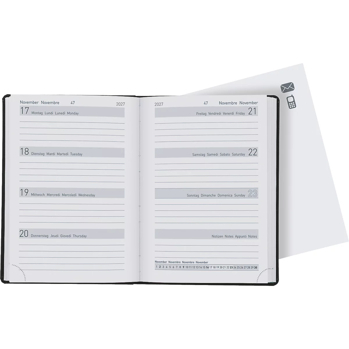 Geöffnetes schwarzes Notizbuch mit Kalenderseiten. Auf der rechten Seite sind Symbole für E-Mail und Telefon. Die Datumsangaben sind deutlich sichtbar.