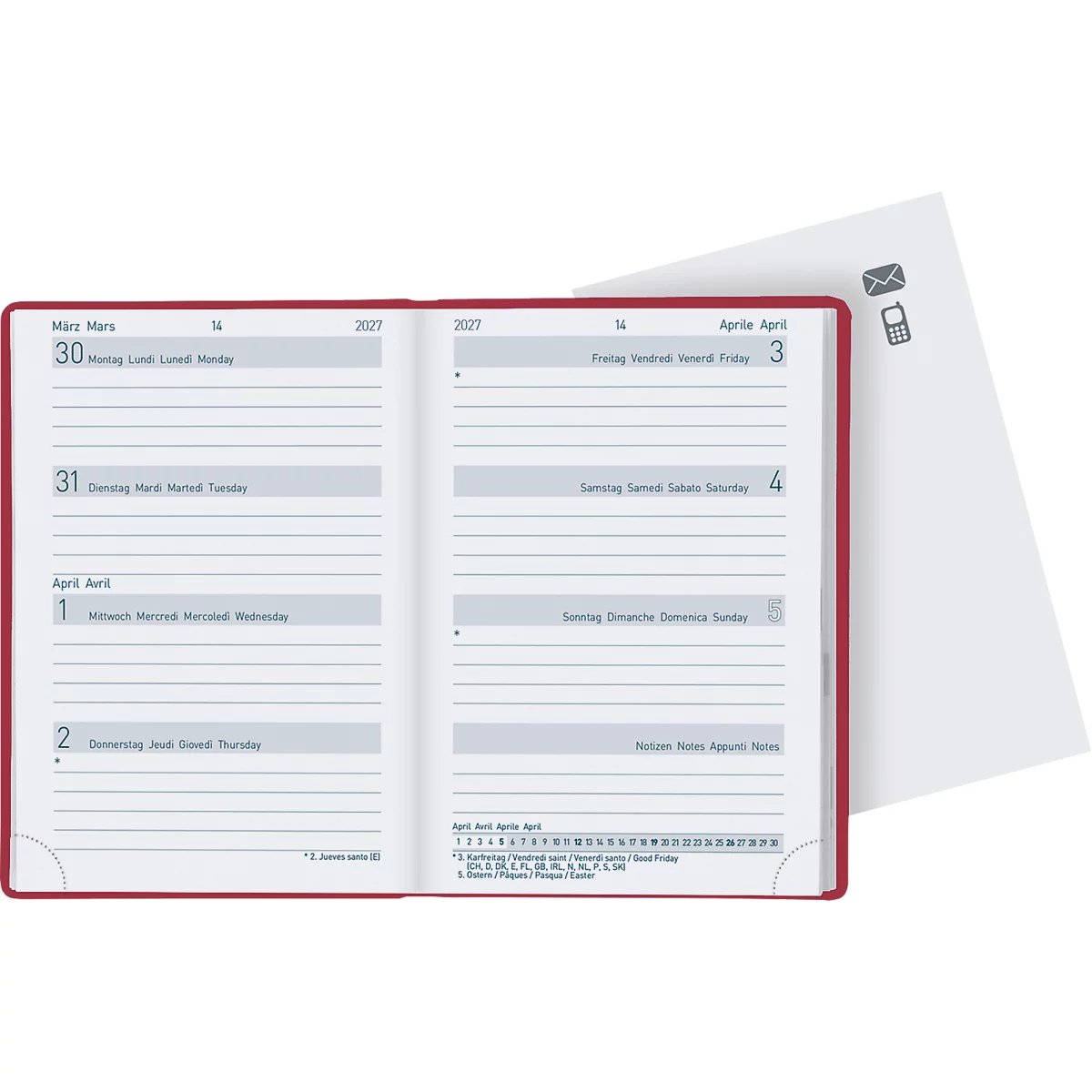 Offenes rotes Notizbuch mit Kalenderseiten. Auf einer Seite sind Daten für Ende März, Anfang April angezeigt. Daneben eine lose Seite mit Symbolen.