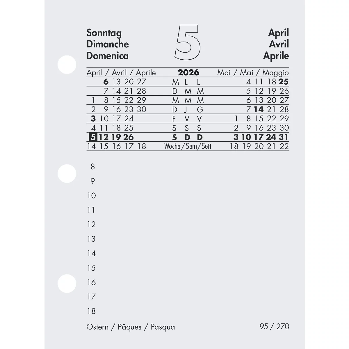 Kalenderblatt mit dem Datum 5. April 2026, Wochenübersicht und Feiertag Ostern.