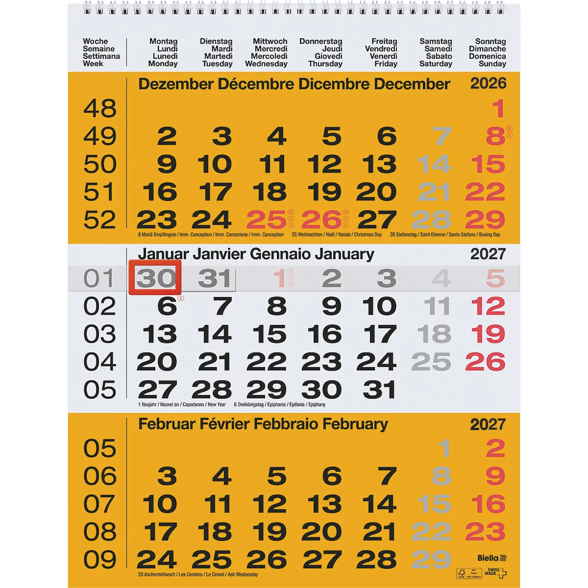 Ein Kalender mit gelben Feldern für Monate. Der 30. Januar 2027 ist rot umrandet.