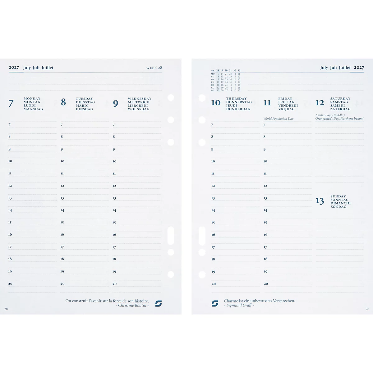 Doppelseitiger Wochenkalender mit Datum vom 7. bis 13. Juli 2017. Leere Spalten für Eintragungen, perforierte Löcher zum Abheften.
