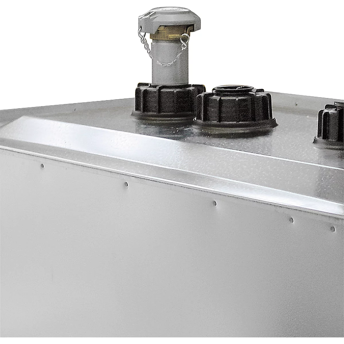 Close-up of a silver tank with black caps and a silver closure with chain.