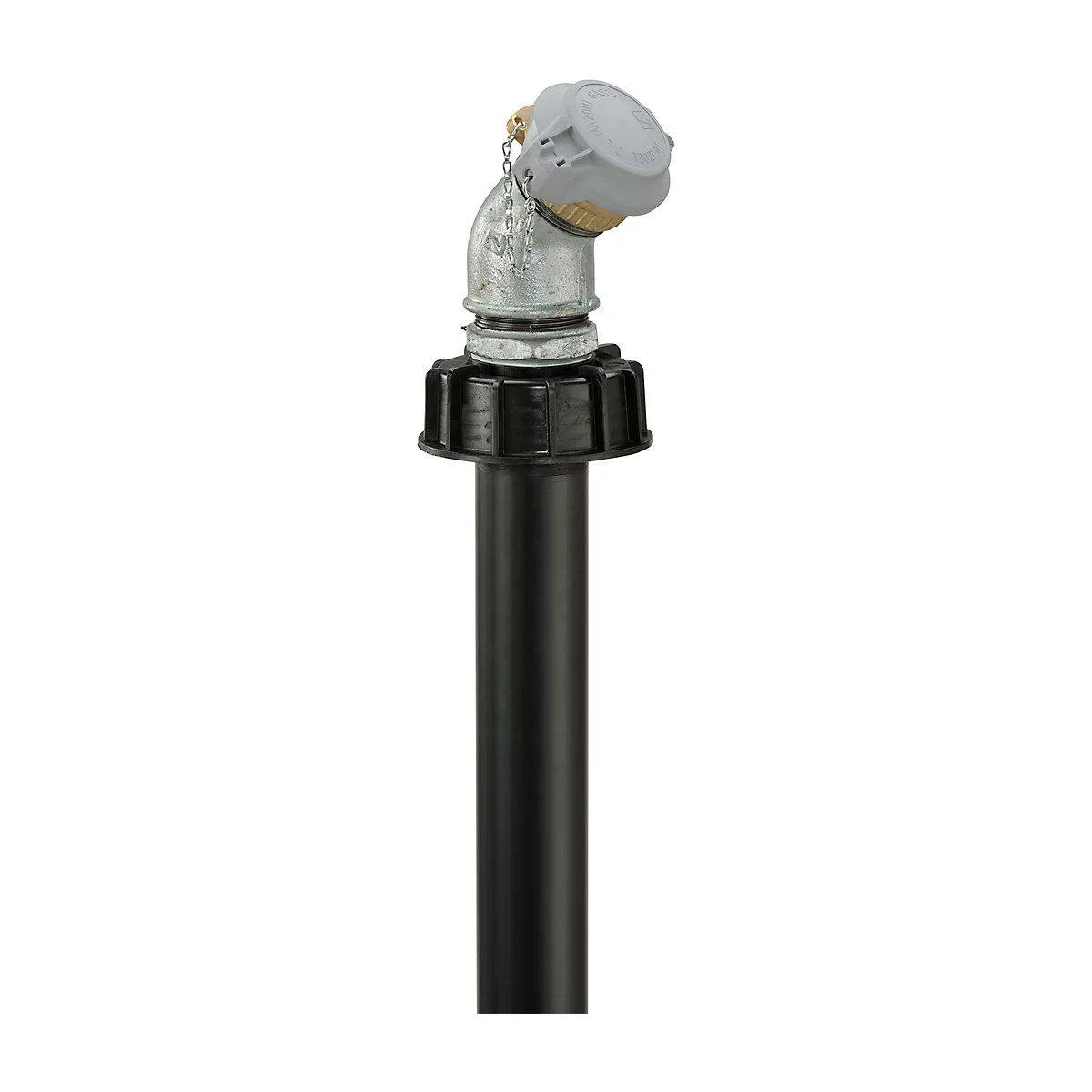 A black pipe with a metal elbow fitting and a grey cap.