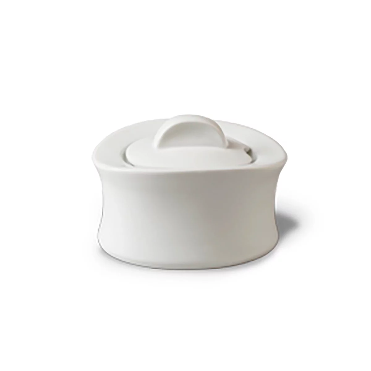 White sugar bowl with lid and handle, on a white background.