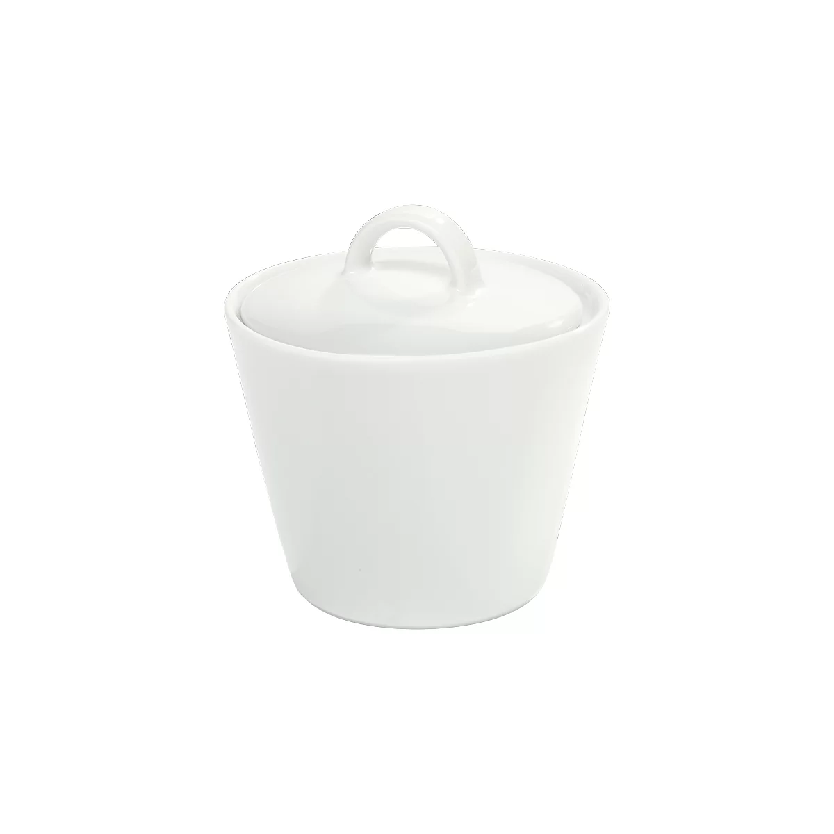White porcelain sugar bowl with lid and handle.