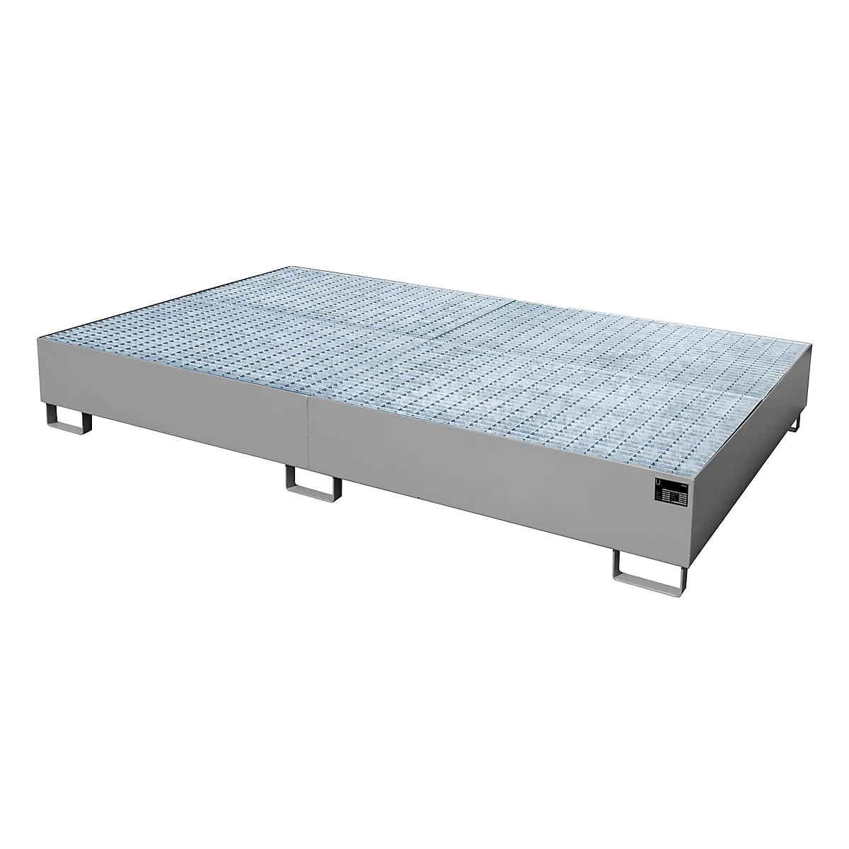 Gray spill containment tray with grid and feet.