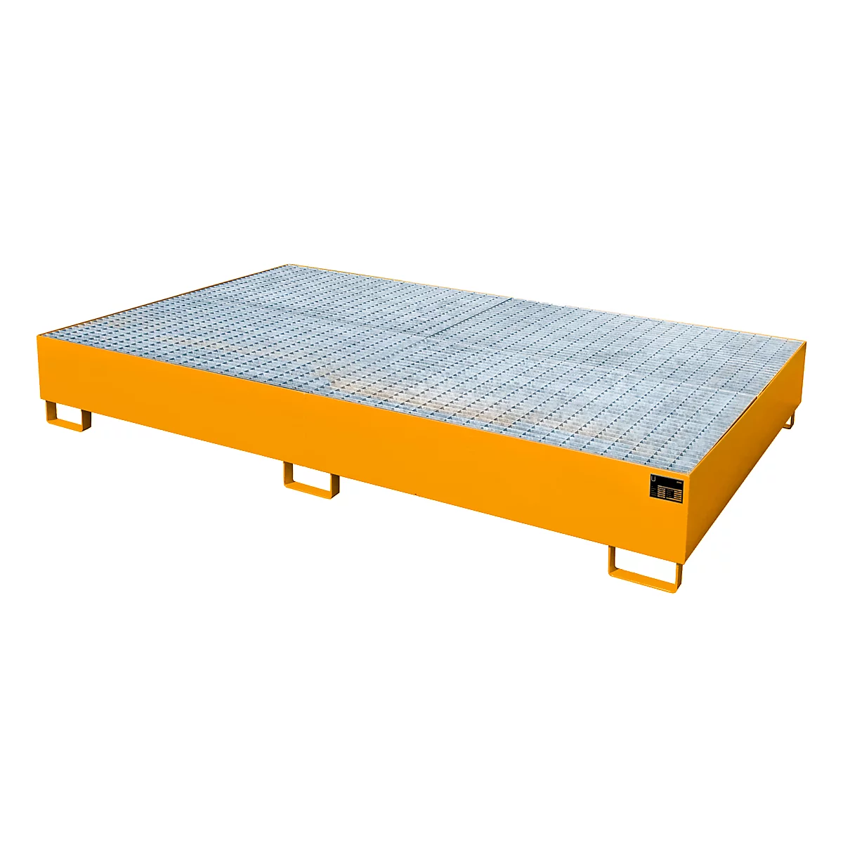 Yellow, rectangular spill containment pallet with grating and feet. On a white background.