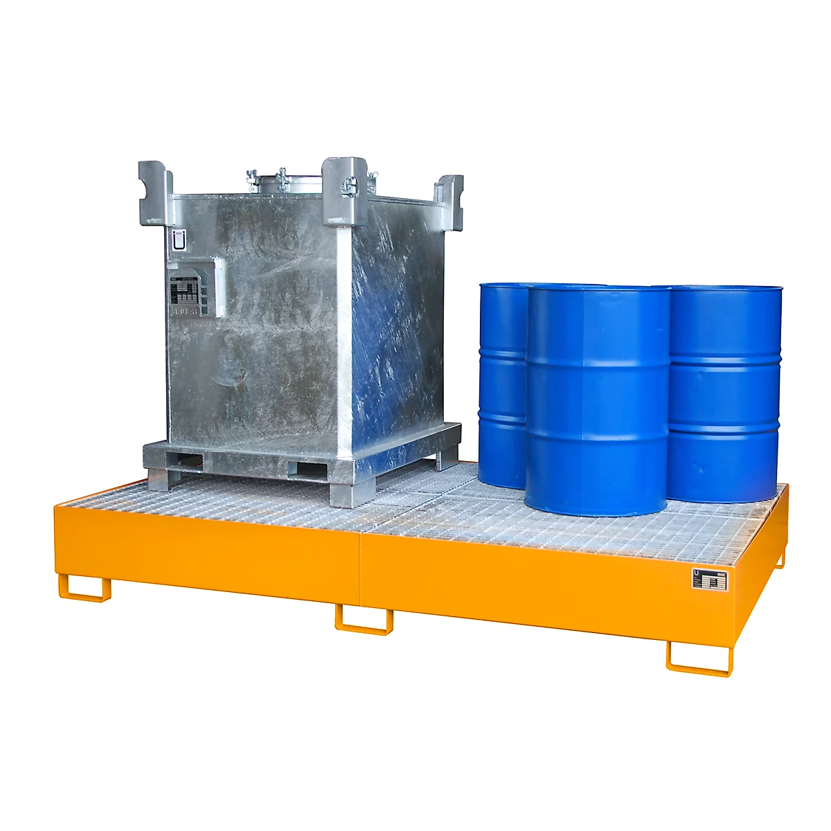 Metal container and blue barrels on a yellow pallet.