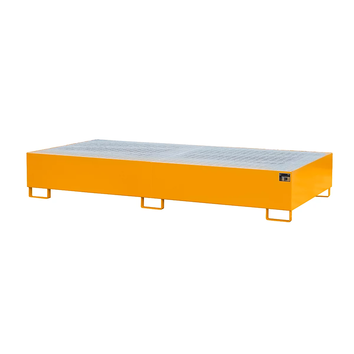 Yellow spill containment pallet. Rectangular, with perforated plate. Four feet, carrying devices on the sides.