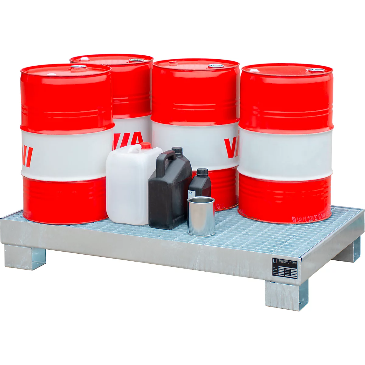 Metal pallet with red and white barrels, black and white canisters. Inscription: V.