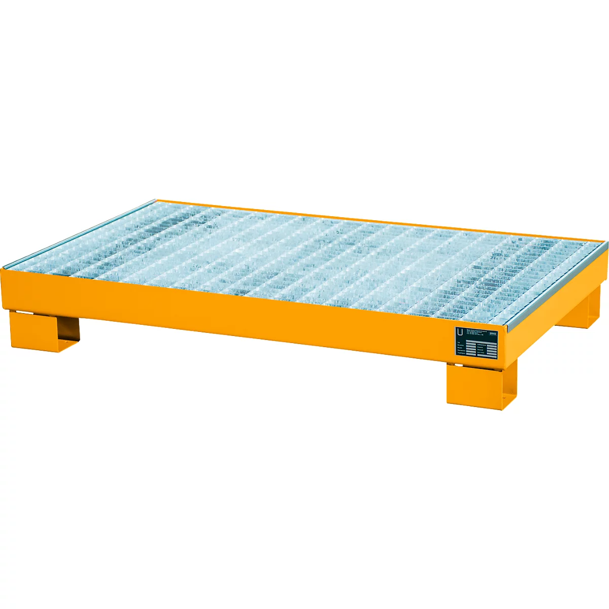 Yellow metal spill pallet with grid. Four rectangular feet, standing in empty space.
