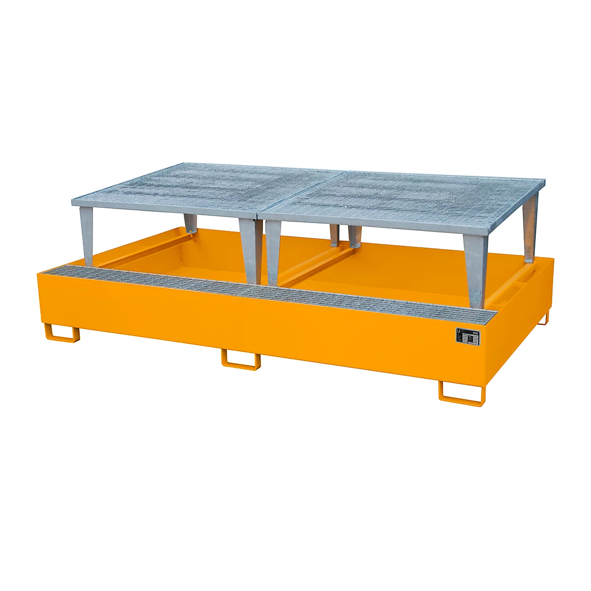 Yellow spill containment with metal grating and feet, on white background.