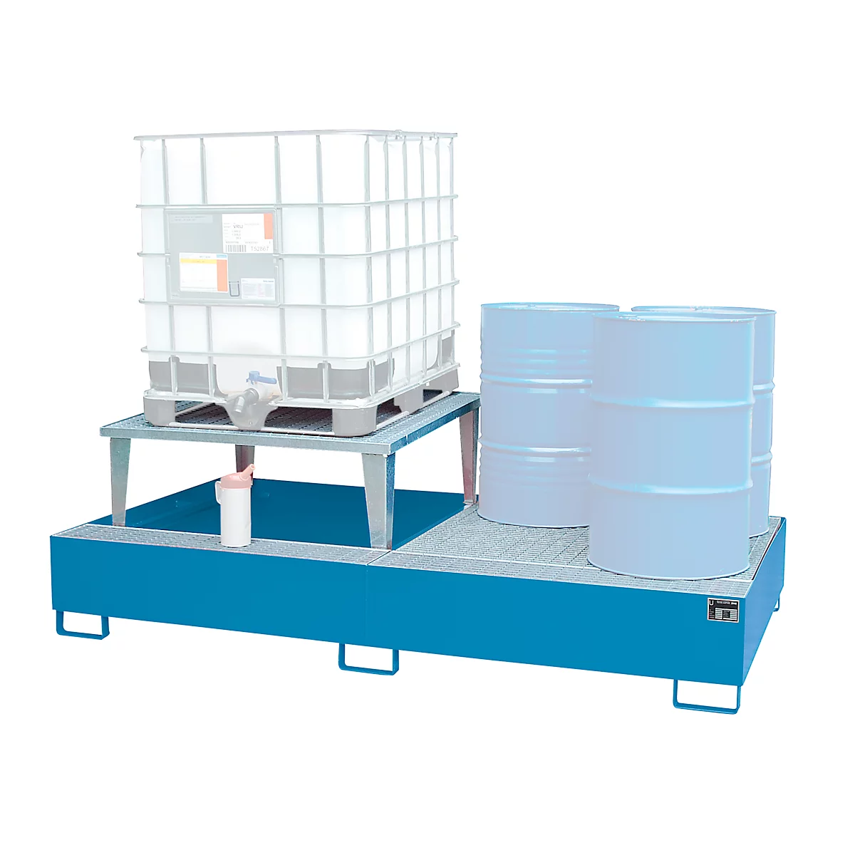 Blue spill containment unit with barrel and tank, on a steel structure, isolated.