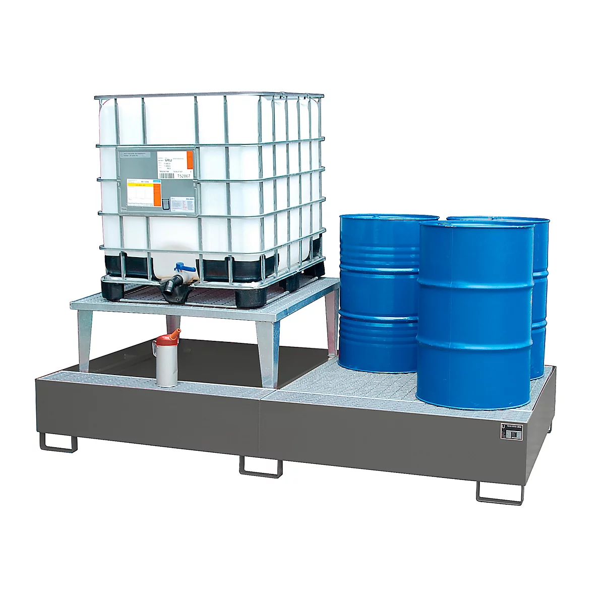 Industrial spill containment system with IBC tank and blue drums.