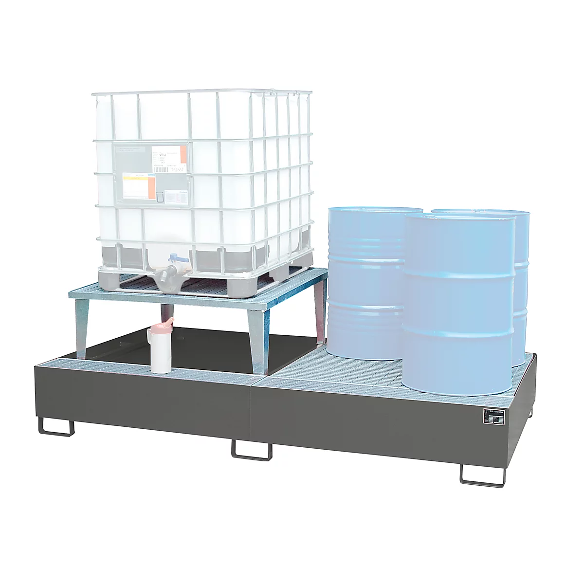 Gray spill containment unit with a white IBC container and blue drums. A white container stands on the base.