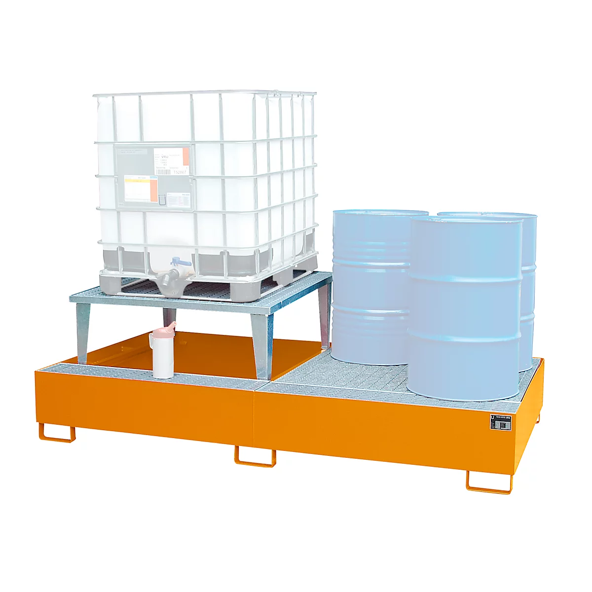 Industrial spill containment for IBC containers and barrels, orange, with containers.