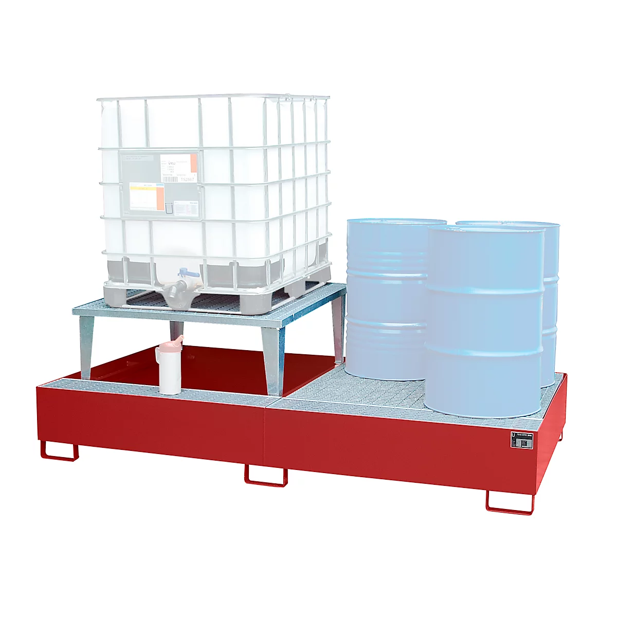 A red spill containment unit holding a white liquid container and barrels.