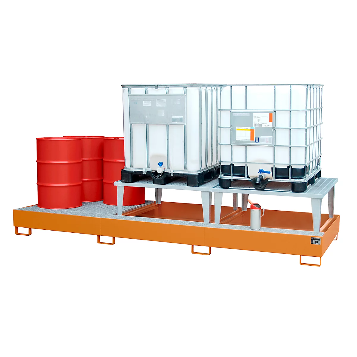Yellow-orange spill containment with barrels and IBC containers on racks. In front of it a small cup.