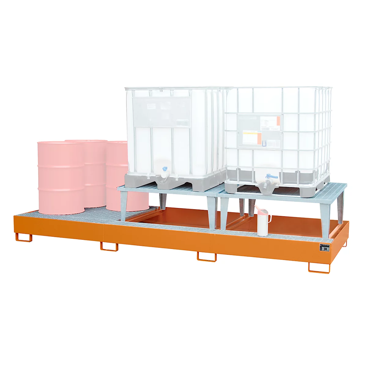 An orange spill containment, with light blue racks holding two transparent tanks and three pink barrels. A cup stands on the ground.