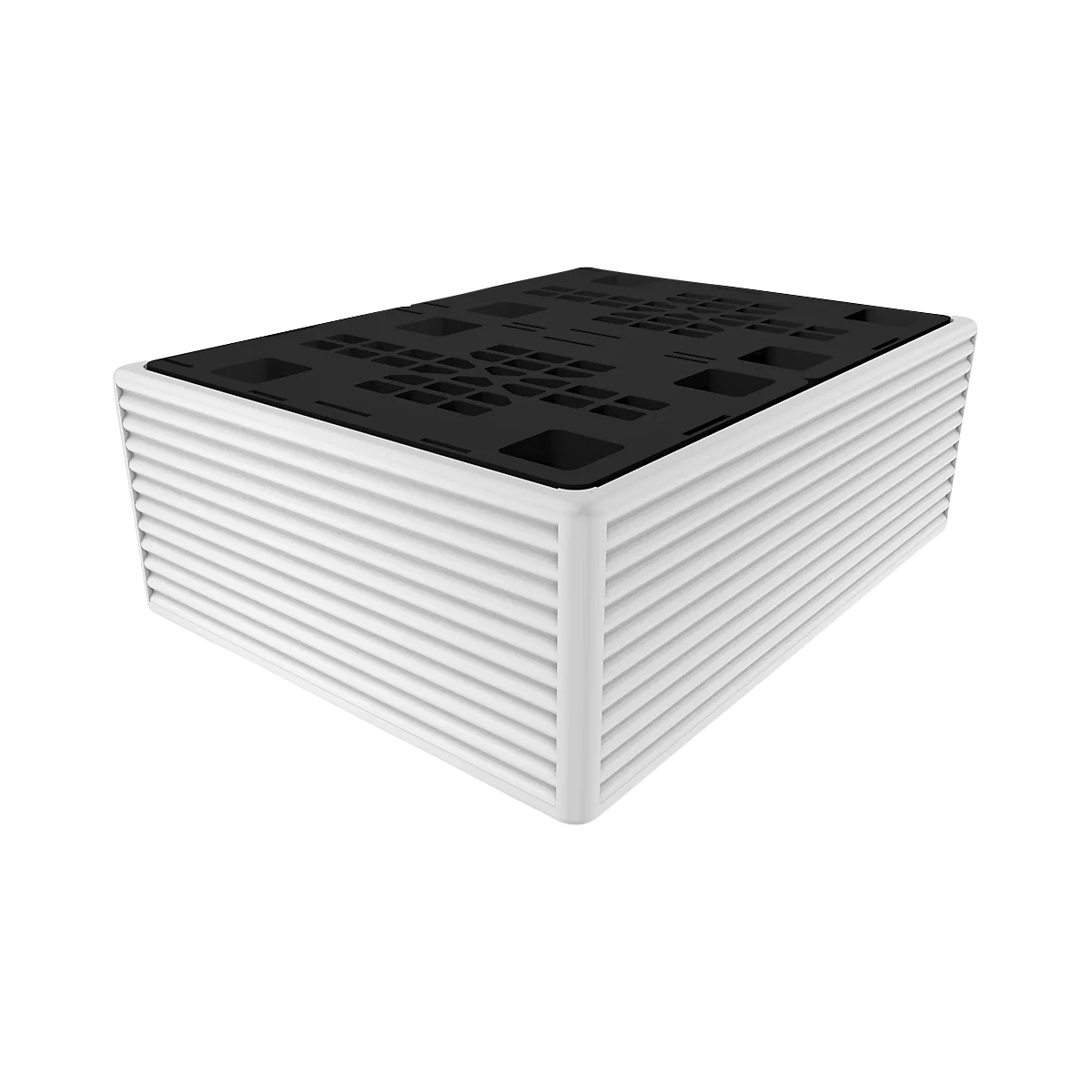 A white, rectangular object with ribbed sides and a black, perforated top.