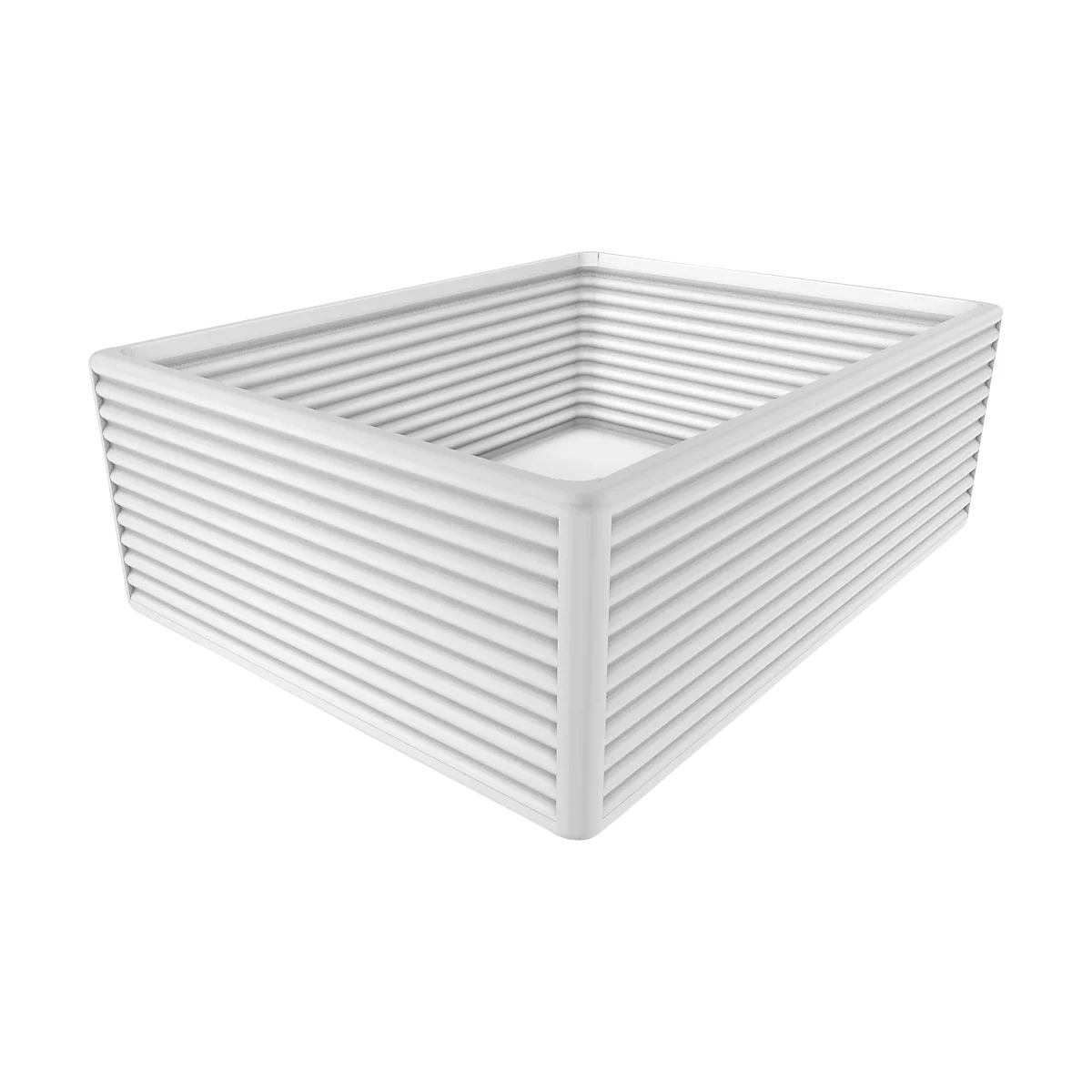 White rectangular planter with horizontal slats. The corners are rounded.