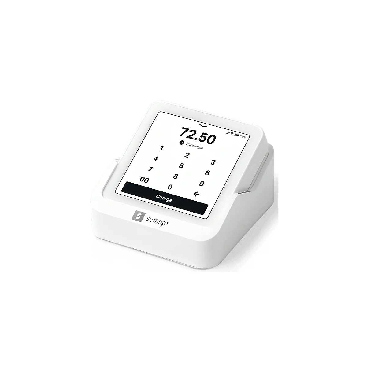 Weißes SumUp-Kartenterminal mit Display. Auf dem Display sind eine Eingabe, der Betrag von 72,50 Euro und die Option "Charge" abgebildet.