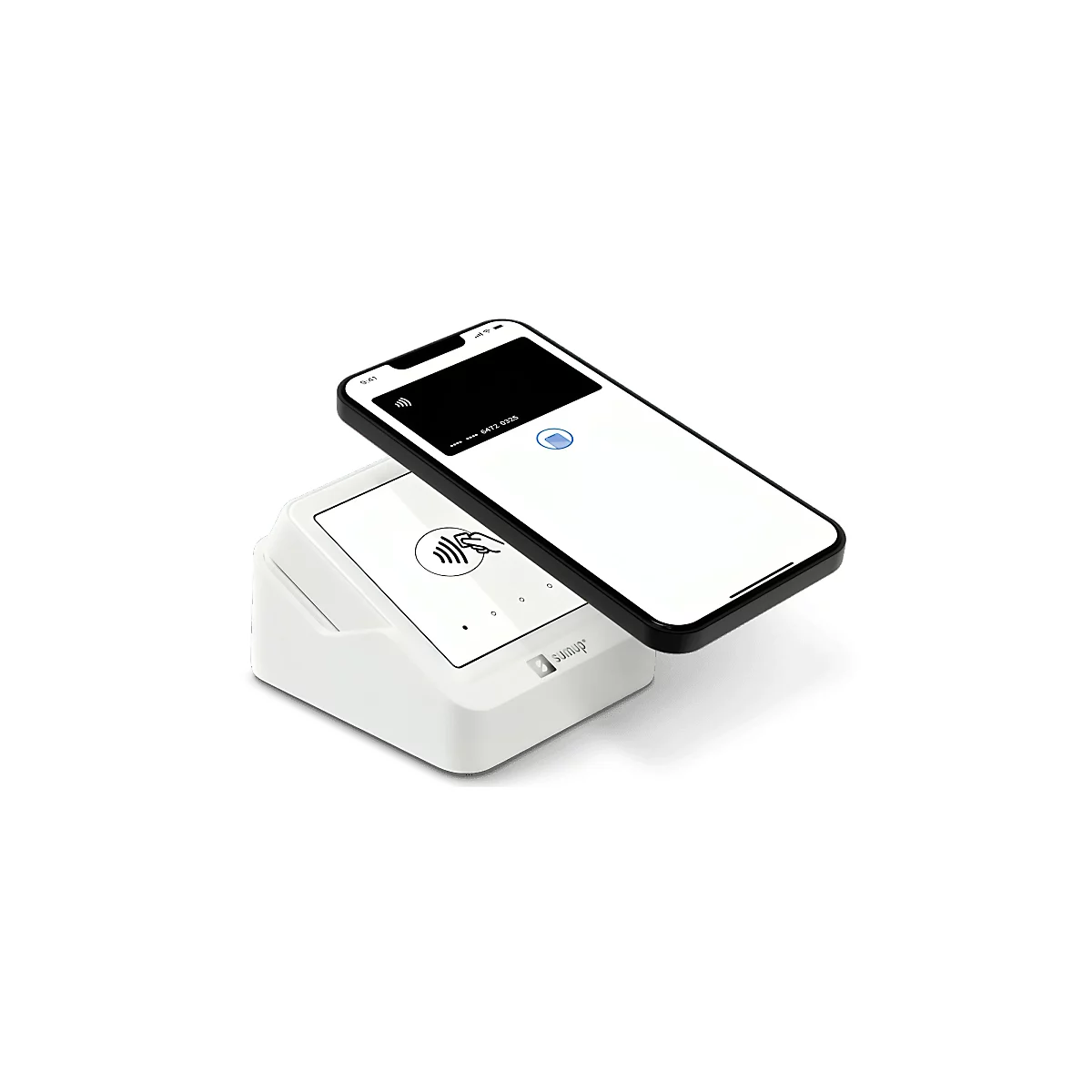 Ein schwarzes Smartphone liegt auf einem weißen Kartenlesegerät. Auf dem Display ist eine Kreditkarte dargestellt, das Gerät zeigt ein kontaktloses Symbol.