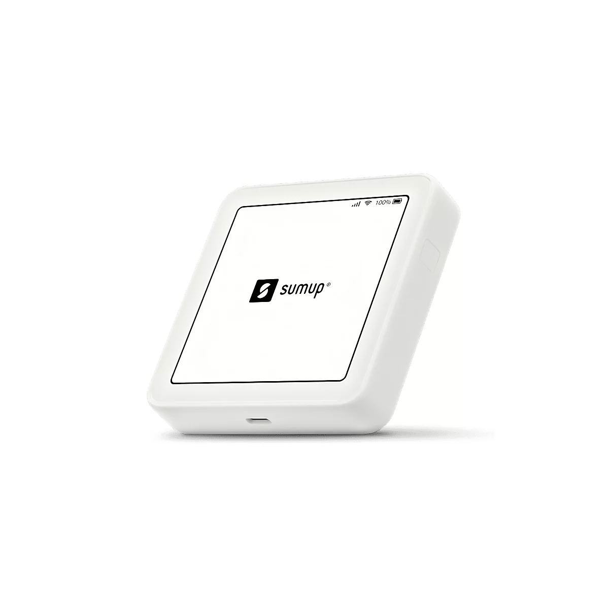 Weißes SumUp-Kartenzahlungsgerät mit Bildschirm, darauf das SumUp-Logo. Oben rechts Batteriestatusanzeige.