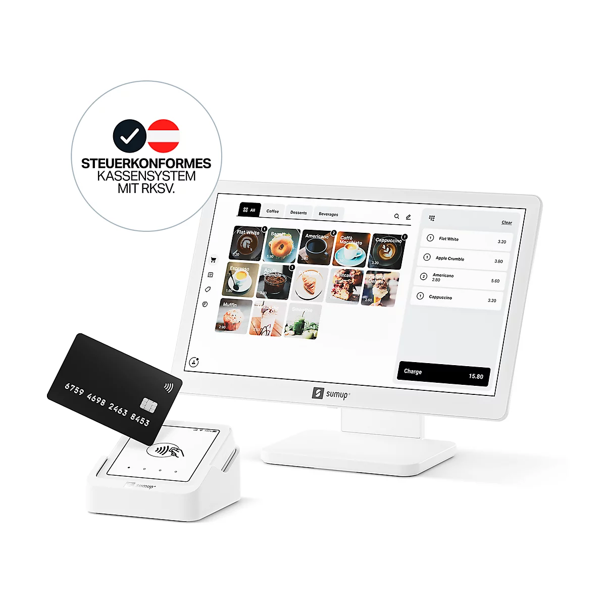 SumUp Kassensystem POS Lite + Solo inkl. RKSV-Abzeichnung für AT, Kartenterminal und Ladestation