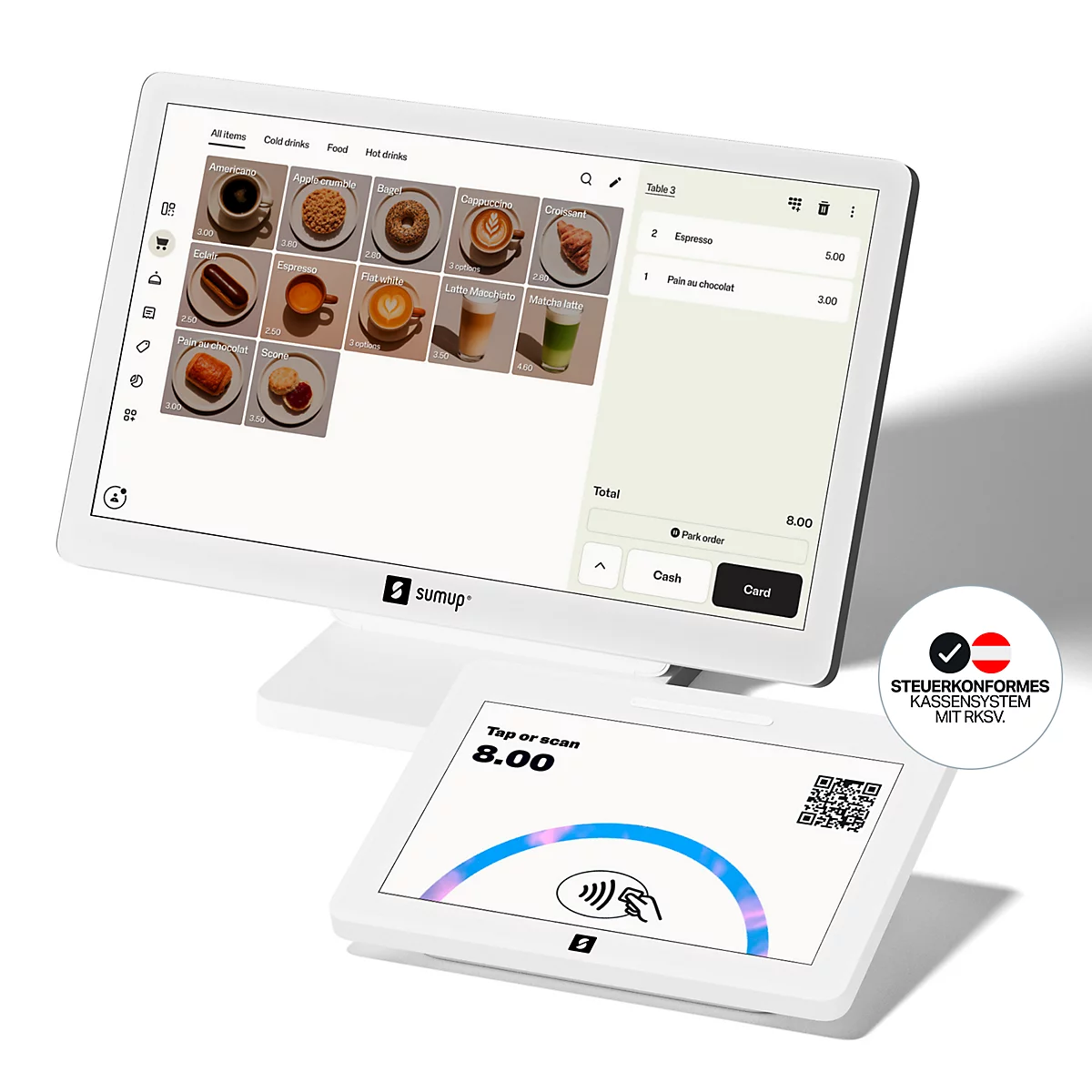 SumUp Kassensystem mit Touchscreen-Monitor und angeschlossenem Kartenlesegerät vor weißem Hintergrund.
