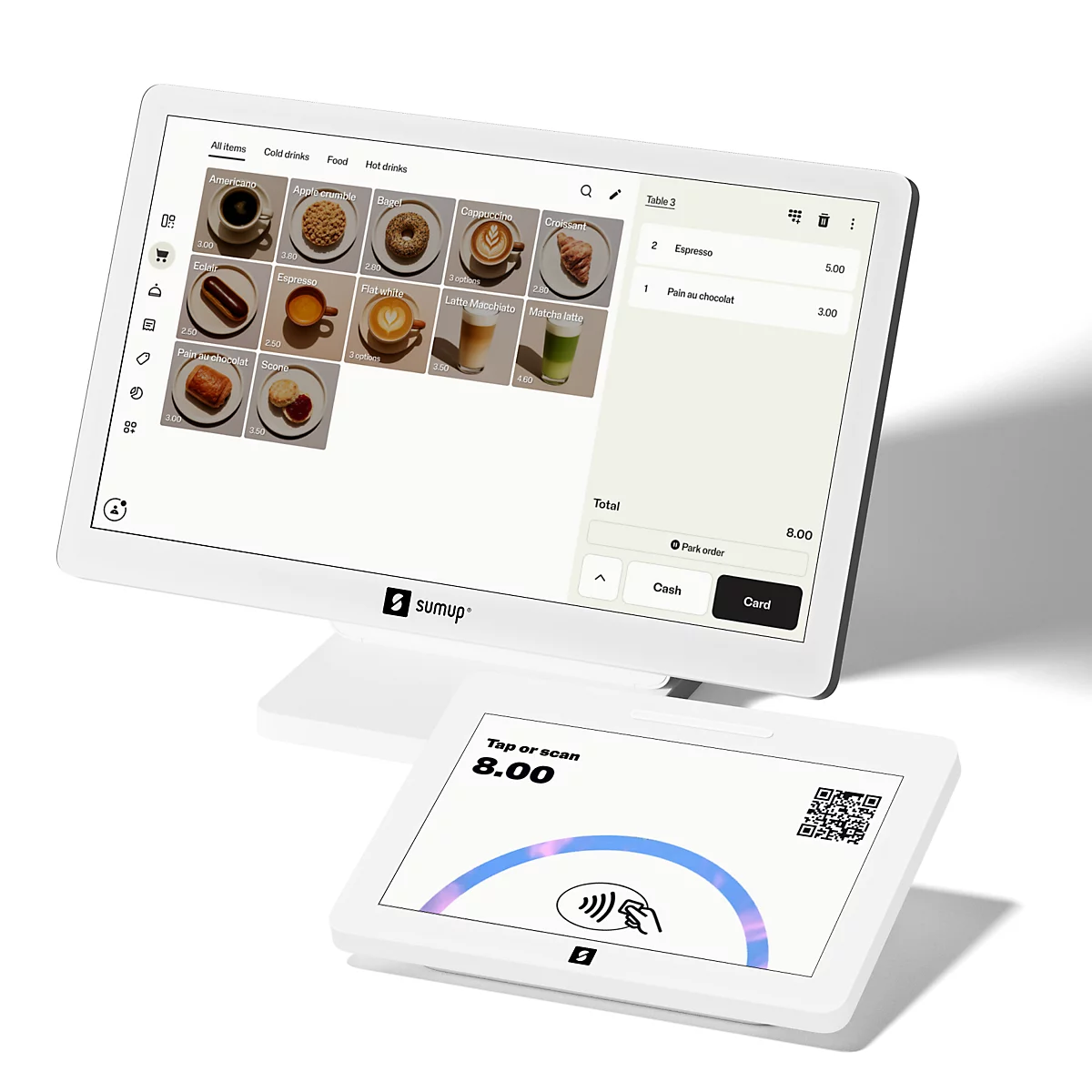 SumUp Kassensystem mit Touchscreen-Display und Kunden-Bezahlterminal auf weißem Hintergrund.