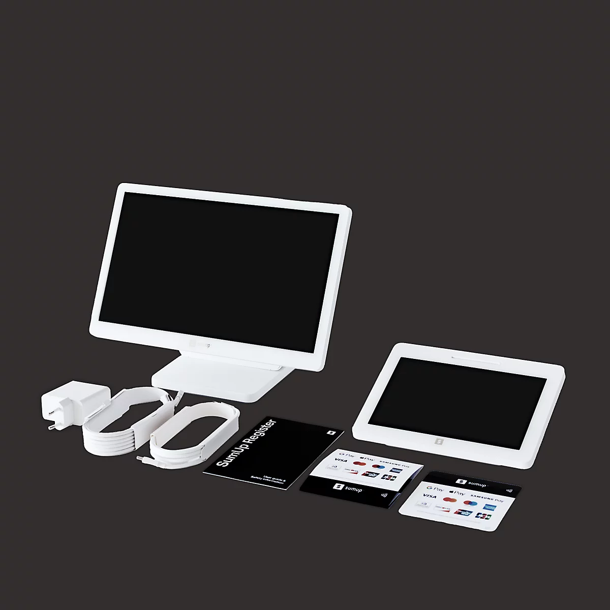 Ein weißes SumUp Kassensystem-Set mit Bildschirm, Kundendisplay, Kabeln und Informationskarten auf dunklem Hintergrund.