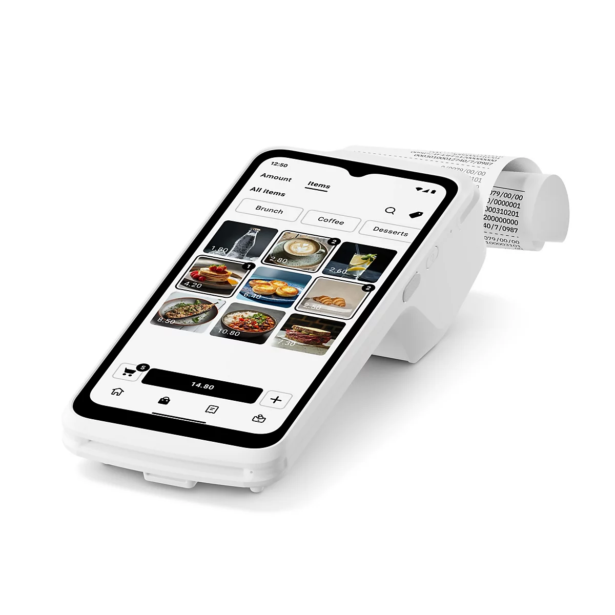 Un système de point de vente blanc avec un écran tactile affichant une application de commande. Un rouleau de papier avec un reçu est fixé sur le côté.