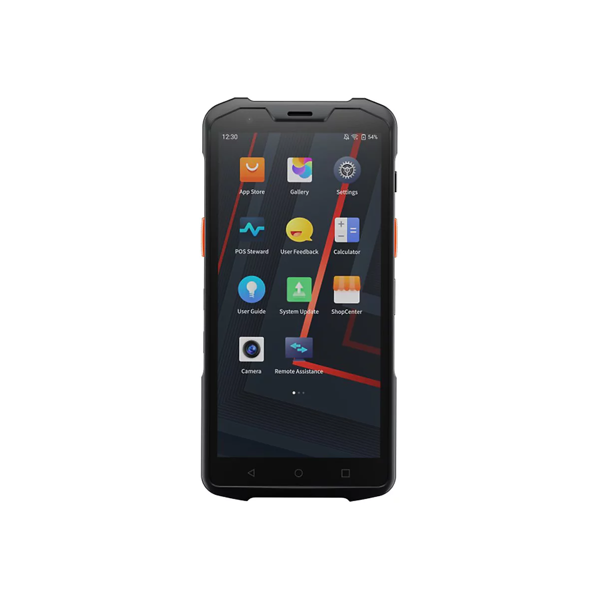 Robustes Smartphone mit Apps, Anzeige von Uhrzeit und Akkuladung. Schwarzes Gehäuse mit roten Akzenten und Menüsymbolen.