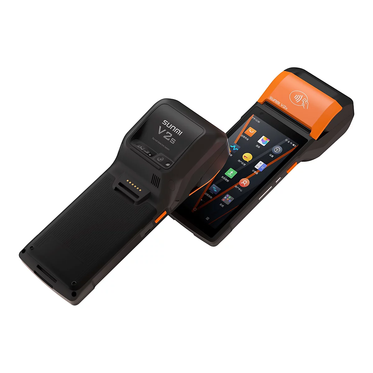 Zwei schwarze SUNMI V2s Handheld-Terminals liegen auf weißem Hintergrund. Eines liegt flach, das andere ist aufgeklappt mit einem orangefarbenen Display.