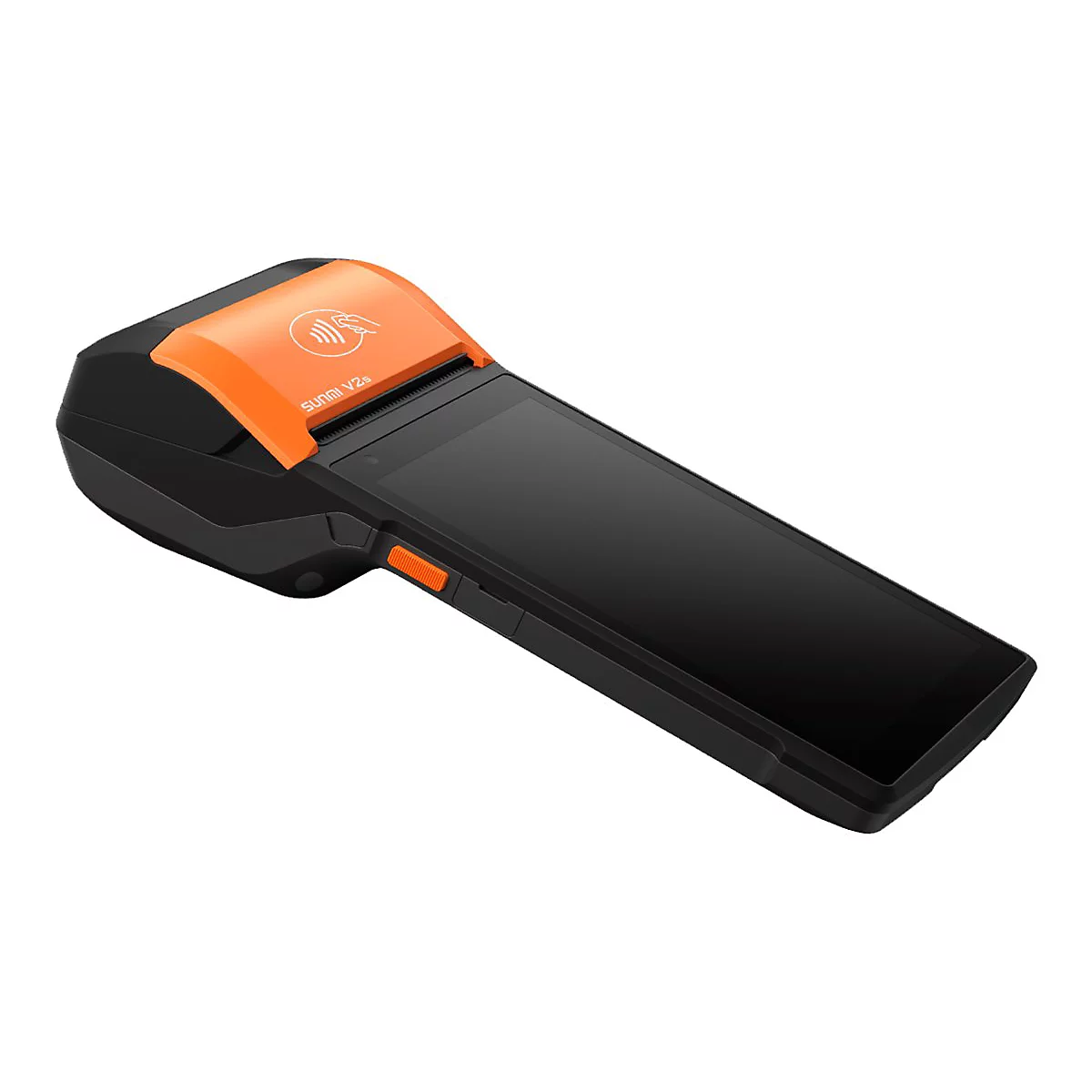 Schwarzes, orangefarbenes POS-Terminal, ein Bildschirm, ein Logo, ein Knopf.