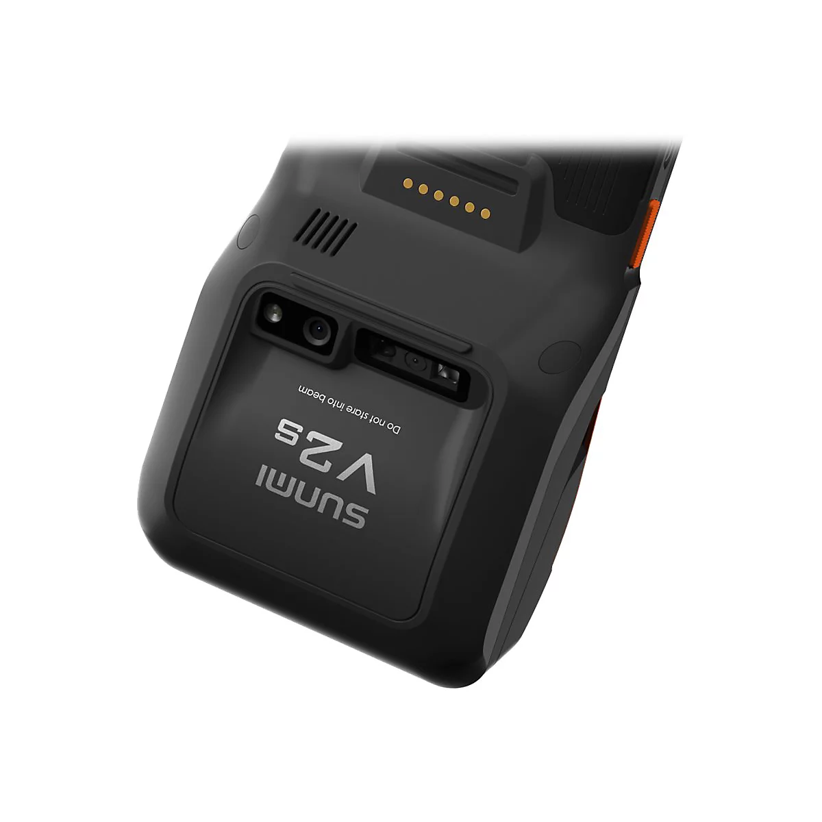 Detailaufnahme eines schwarzen SUNMI V2S Geräts, die Rückseite zeigt Kamera und Anschlüsse.